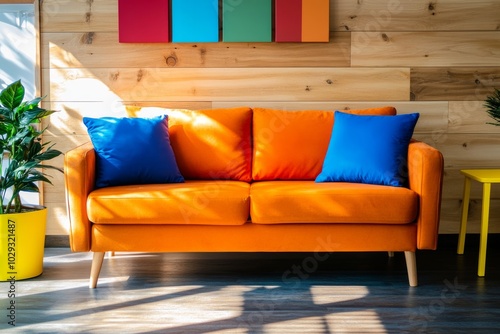 Modern Living Room with Orange Sofa and Colorful Abstract Art photo