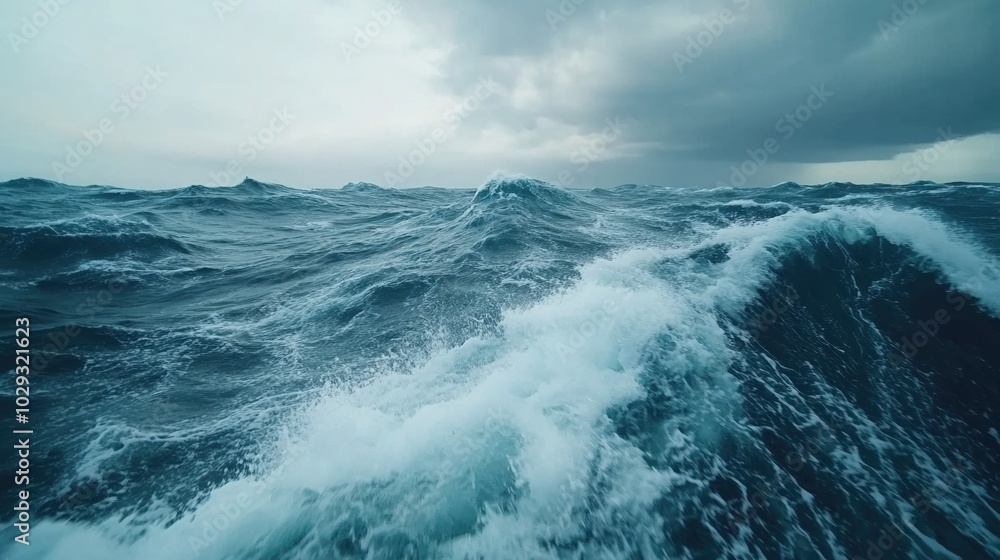 Fototapeta premium Waves crashing in a vast ocean under a cloudy sky on a dramatic day.