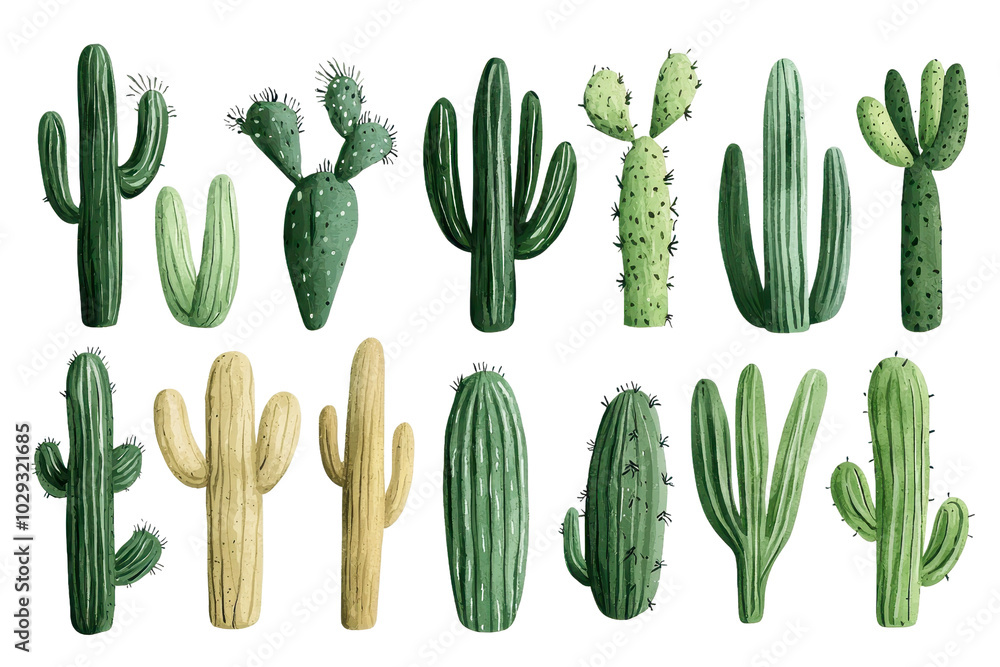 A variety of green and lush cactus plants isolated on a transparent background. in an artistic arrangement. Perfect for desert-themed decor. A variety of green and lush cactus plants isolated on a transparent background. in an artistic arrangement. Perfect for desert-themed decor.