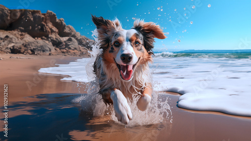 Happy Dog Running on the Beach