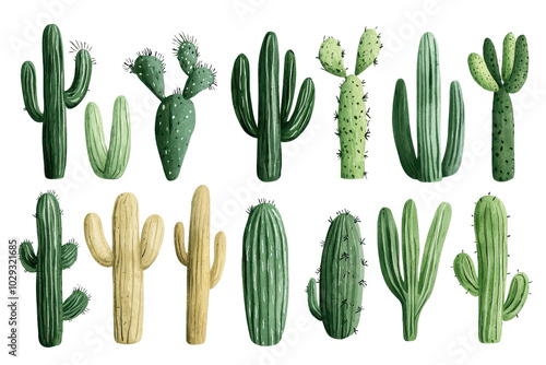 A variety of green and lush cactus plants isolated on a transparent background. in an artistic arrangement. Perfect for desert-themed decor.