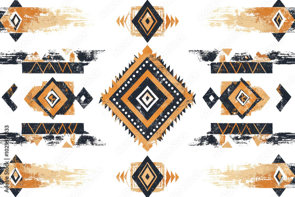 Fototapeta premium Abstract geometric pattern with earthy tones and tribal elements, featuring diamonds and triangles, perfect for backgrounds or textiles.