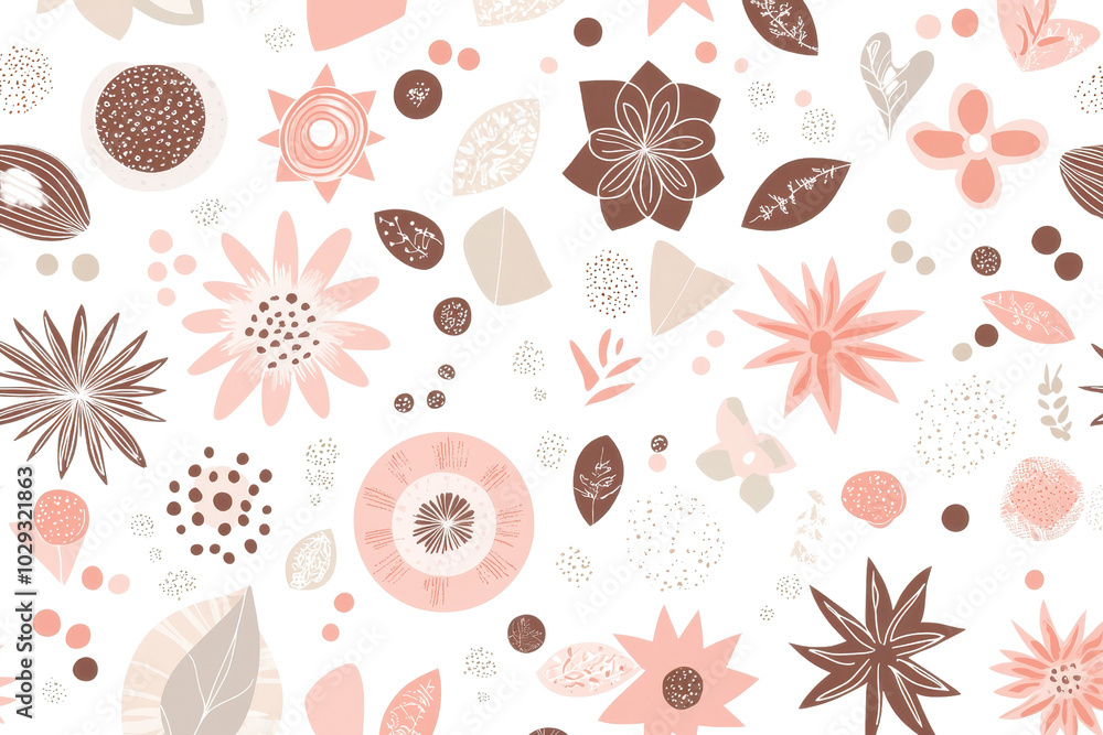 Seamless floral pattern with various abstract flowers and leaves in soft pink and brown tones, perfect for textile and wallpaper design. Seamless floral pattern with various abstract flowers and leaves in soft pink and brown tones, perfect for textile and wallpaper design.