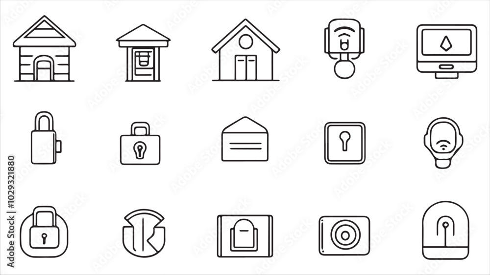 Set of line icons in linear style. Series - Home security and protection. Alarm system, locking, smart home, lock and key.Outline icon collection. Conceptual pictogram and infographic.
Set of line icons in linear style. Series - Home security and protection. Alarm system, locking, smart home, lock and key.Outline icon collection. Conceptual pictogram and infographic.