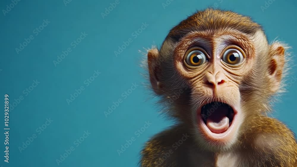 A young monkey displays an expressive shocked look, with large eyes and a curious expression, set against a vibrant blue backdrop A young monkey displays an expressive shocked look, with large eyes and a curious expression, set against a vibrant blue backdrop