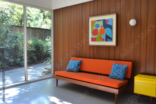 Modern Living Room with Orange Sofa and Colorful Art photo