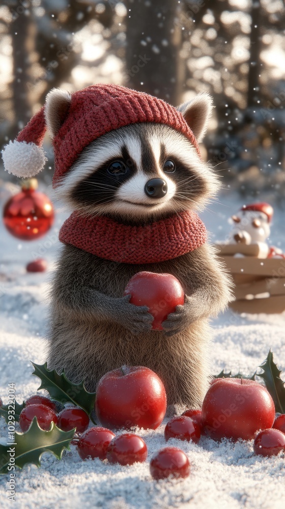 A charming raccoon stands in the snow, wearing a cozy scarf and clutching holly berries, surrounded by wintery trees and cozy decorated houses, embodying the spirit of Christmas A charming raccoon stands in the snow, wearing a cozy scarf and clutching holly berries, surrounded by wintery trees and cozy decorated houses, embodying the spirit of Christmas