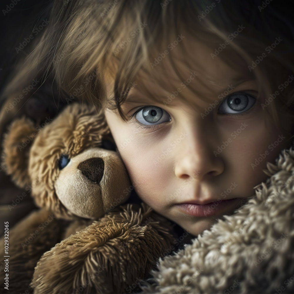 Magical look of a little girl with mischievous blue eyes and a beautiful smile hugging a stuffed animal. Blue eyes that highlight purity and innocence. Magical look of a little girl with mischievous blue eyes and a beautiful smile hugging a stuffed animal. Blue eyes that highlight purity and innocence.