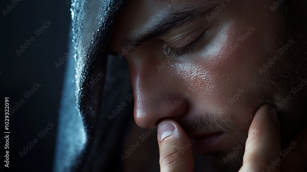 A contemplative moment of a man with a hood reflecting deeply in soft light during a serene evening hour A contemplative moment of a man with a hood reflecting deeply in soft light during a serene evening hour