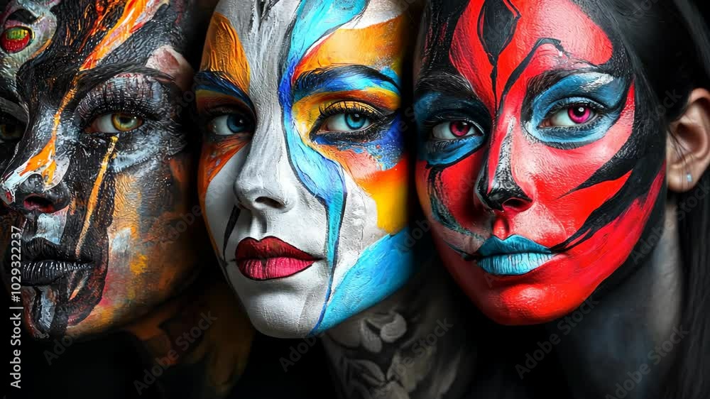Three women with colorful paint on their faces pose for a portrait Three women with colorful paint on their faces pose for a portrait