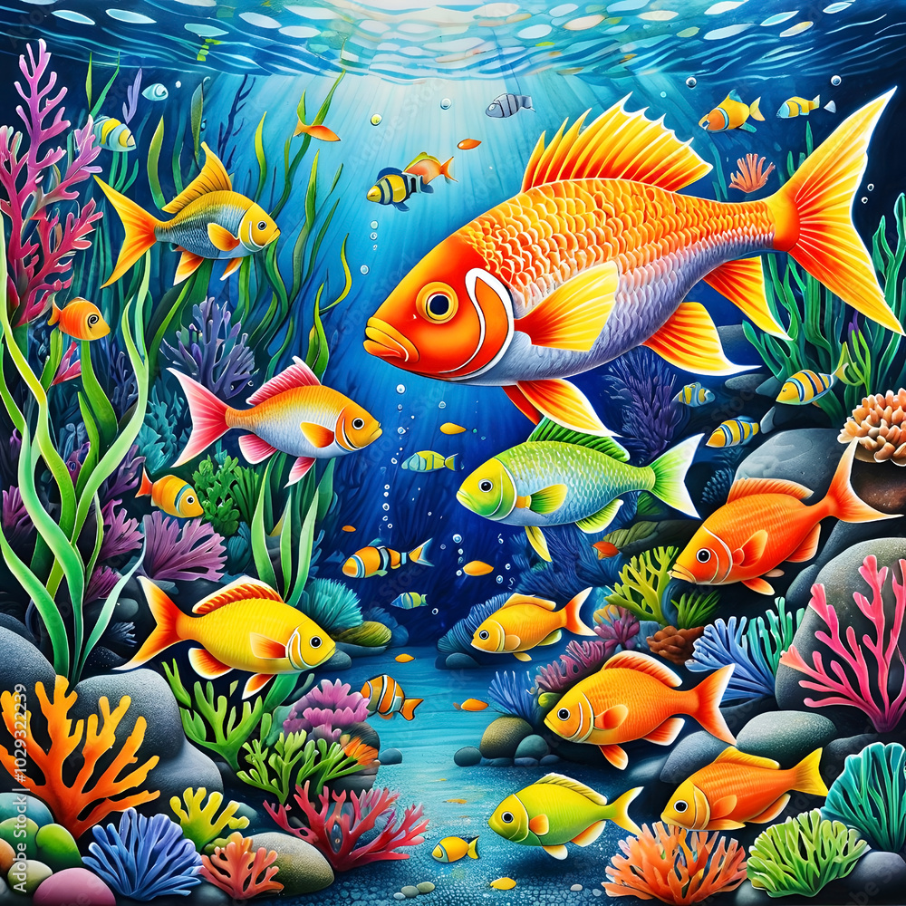 Naklejka premium Colored pencil drawing of an underwater world with fish and algae.