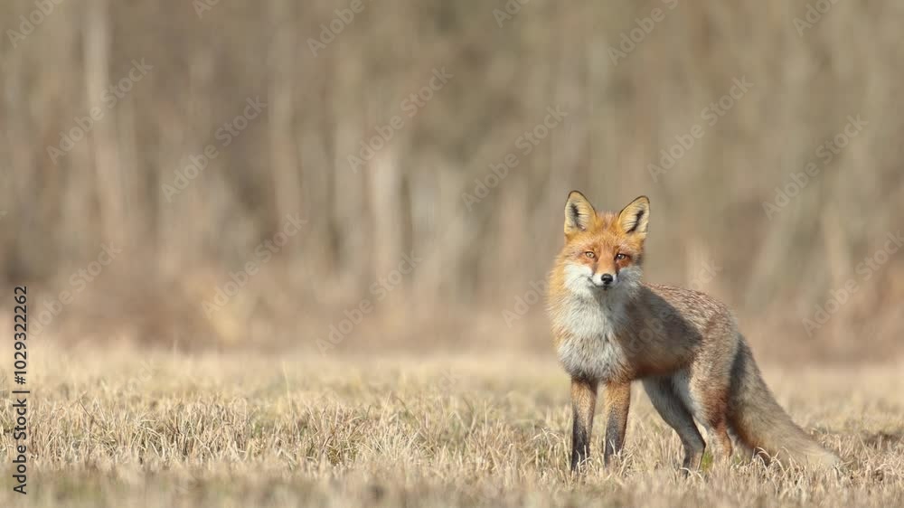 Mammals Fox Vulpes vulpes in spring scenery, Poland Europe, animal walking among spring meadow Mammals Fox Vulpes vulpes in spring scenery, Poland Europe, animal walking among spring meadow