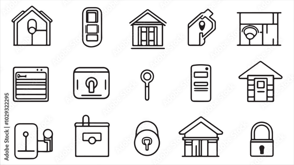 Set of line icons in linear style. Series - Home security and protection. Alarm system, locking, smart home, lock and key.Outline icon collection. Conceptual pictogram and infographic.
Set of line icons in linear style. Series - Home security and protection. Alarm system, locking, smart home, lock and key.Outline icon collection. Conceptual pictogram and infographic.