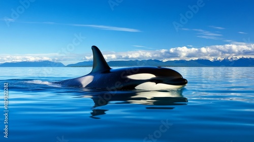 Majestic orca whale gliding through pristine waters in a stunning coastal landscape