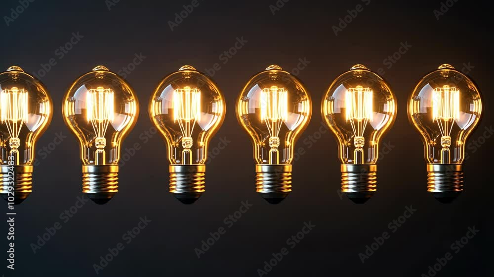 Six incandescent light bulbs are lit, illuminating a dark background