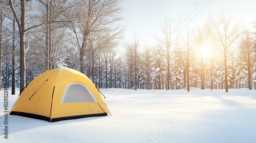 Yellow camping tent in snowy landscape under sunlight.