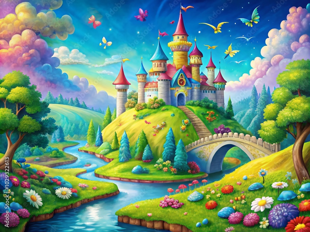 Enchanting Cartoon Castle Landscape with Vibrant Colors and Whimsical Features Enchanting Cartoon Castle Landscape with Vibrant Colors and Whimsical Features