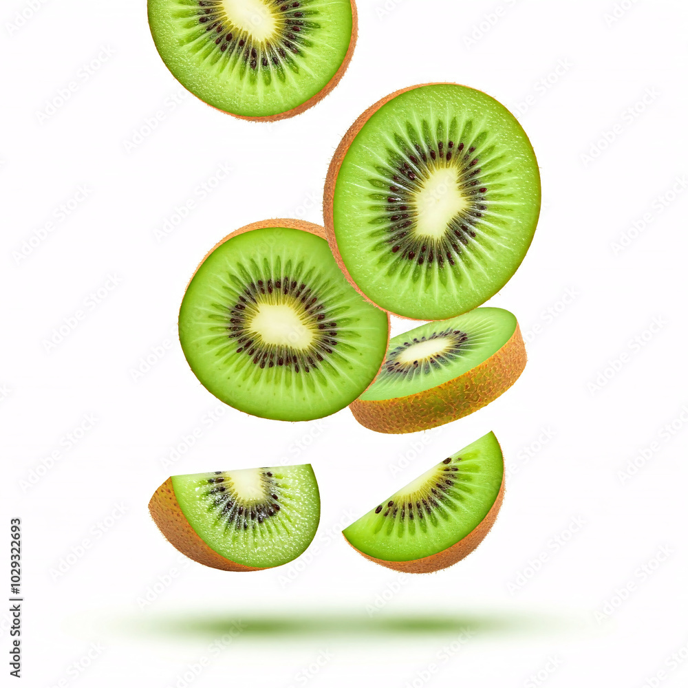 Fototapeta premium fresh green kiwi fruit slices falling against white background