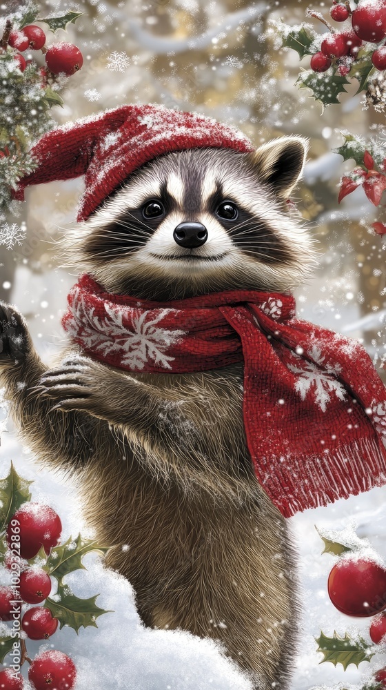 A charming raccoon stands in the snow, wearing a cozy scarf and clutching holly berries, surrounded by wintery trees and cozy decorated houses, embodying the spirit of Christmas A charming raccoon stands in the snow, wearing a cozy scarf and clutching holly berries, surrounded by wintery trees and cozy decorated houses, embodying the spirit of Christmas