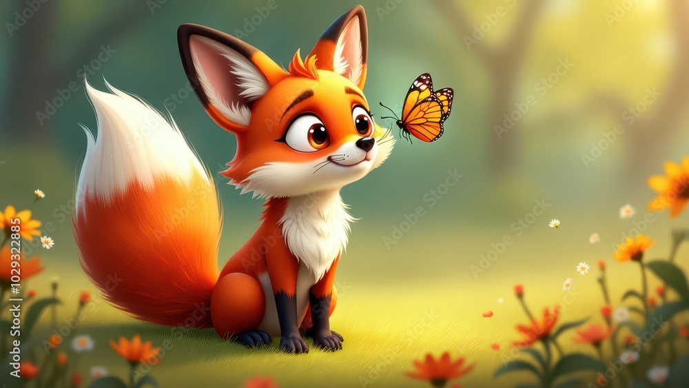 Fototapeta premium Red fox sit and looks at a butterfly