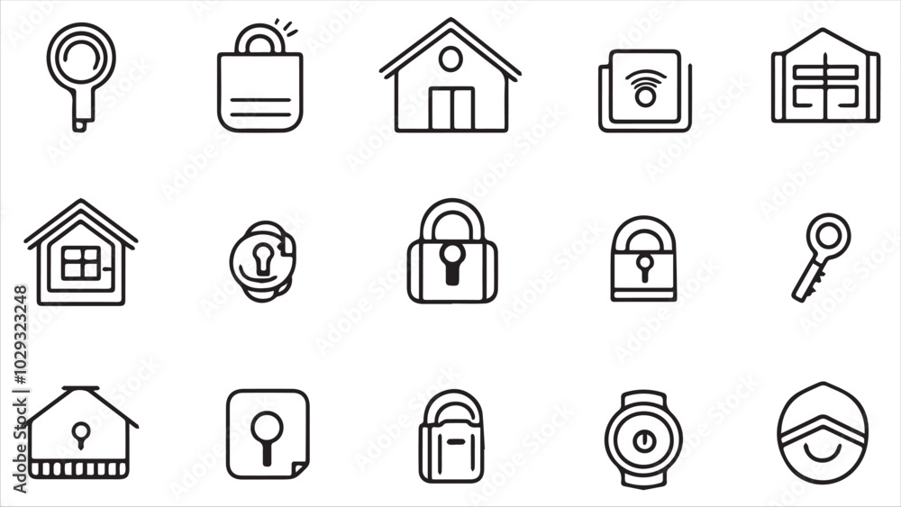 Set of line icons in linear style. Series - Home security and protection. Alarm system, locking, smart home, lock and key.Outline icon collection. Conceptual pictogram and infographic.
Set of line icons in linear style. Series - Home security and protection. Alarm system, locking, smart home, lock and key.Outline icon collection. Conceptual pictogram and infographic.