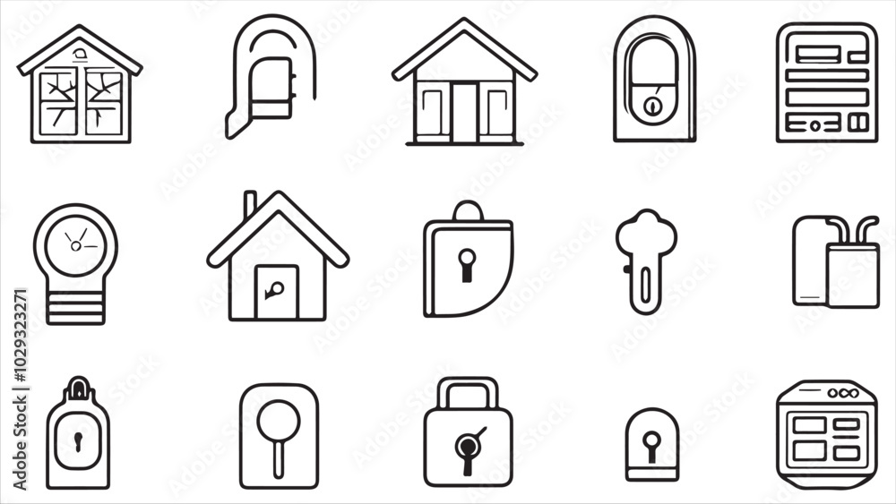 Set of line icons in linear style. Series - Home security and protection. Alarm system, locking, smart home, lock and key.Outline icon collection. Conceptual pictogram and infographic.
Set of line icons in linear style. Series - Home security and protection. Alarm system, locking, smart home, lock and key.Outline icon collection. Conceptual pictogram and infographic.