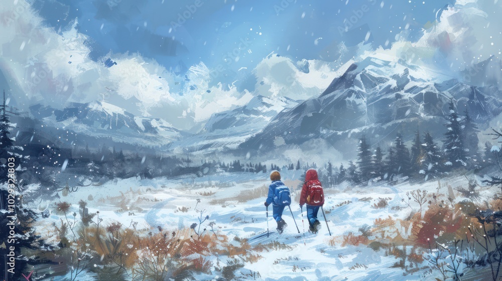 Two Hikers Ascending a Snow-Covered Mountain Pass Two Hikers Ascending a Snow-Covered Mountain Pass