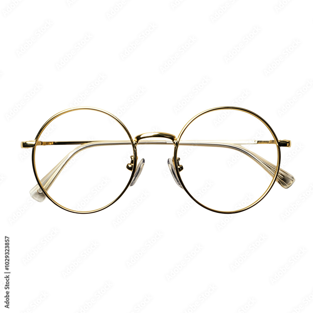 A pair of eyeglasses with a gold frame isolated on transparent background A pair of eyeglasses with a gold frame isolated on transparent background