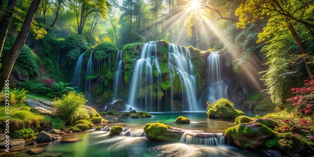 Obraz premium Enchanting Fantasy Waterfall Sparkling in Lush Forest Setting