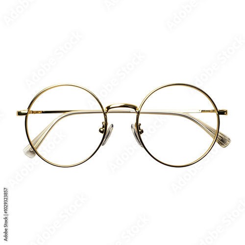 A pair of eyeglasses with a gold frame isolated on transparent background