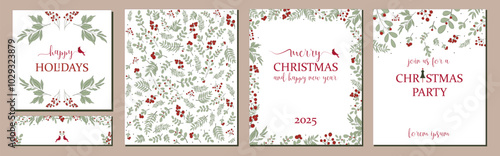 Holidays cards with Christmas Tree, birds, Christmas ornament, floral background, ornate frames and copy space. Universal modern artistic templates.