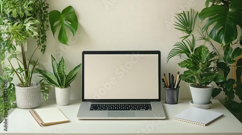 A modern workspace featuring a laptop surrounded by vibrant green plants, ideal for inspiration and productivity.