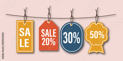 A collection of sale signs, big sale, sale label, sale tag signs with the price of off.
