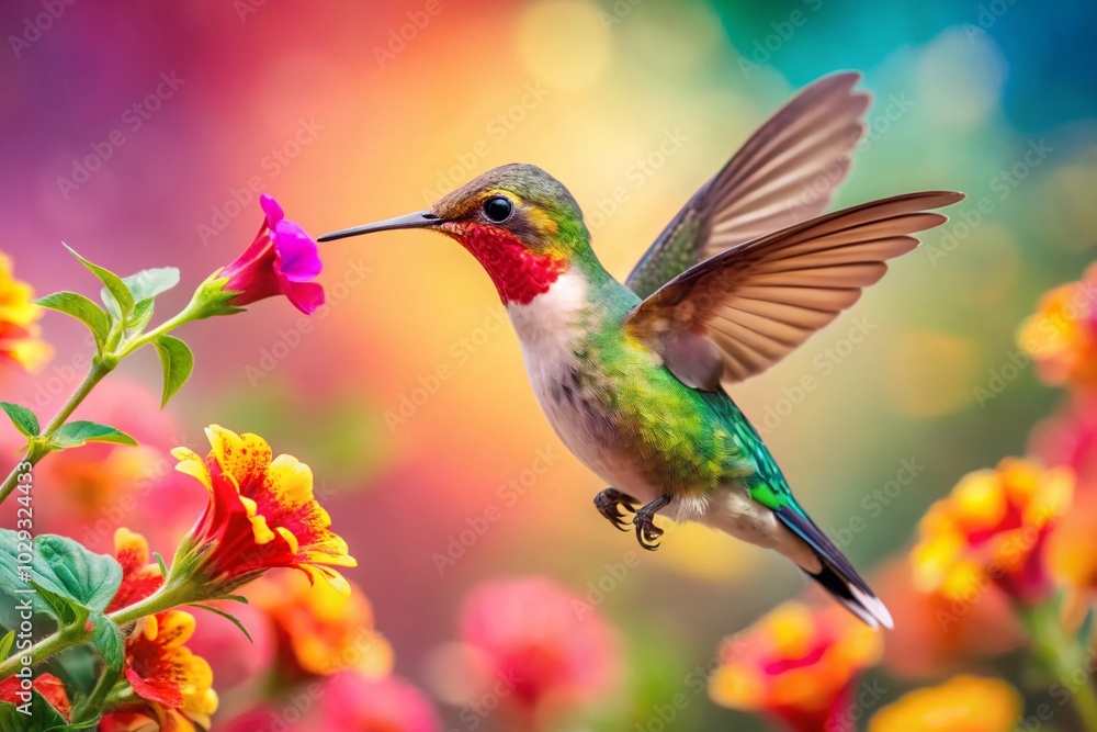 Fototapeta premium Enchanting Hummingbird Sipping Nectar from a Vibrant Flower Surrounded by Floating Hearts
