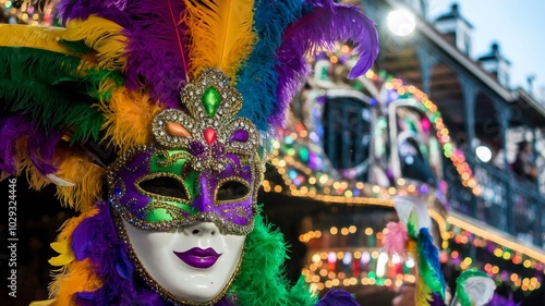 Colorful Mardi Gras Mask with Festive Parade Floats