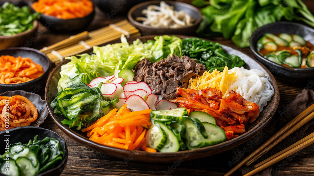 Delicious Korean bibimbap with fresh vegetables and beef Delicious Korean bibimbap with fresh vegetables and beef