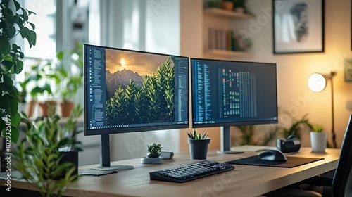 Wallpaper Mural A modern workspace featuring dual monitors, plants, and a cozy atmosphere, ideal for productivity and creativity. Torontodigital.ca