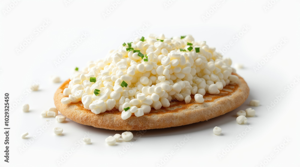 A crispbake topped with a generous portion of cottage cheese and fresh chives sits against a clean, white backdrop, making for an enticing snack A crispbake topped with a generous portion of cottage cheese and fresh chives sits against a clean, white backdrop, making for an enticing snack