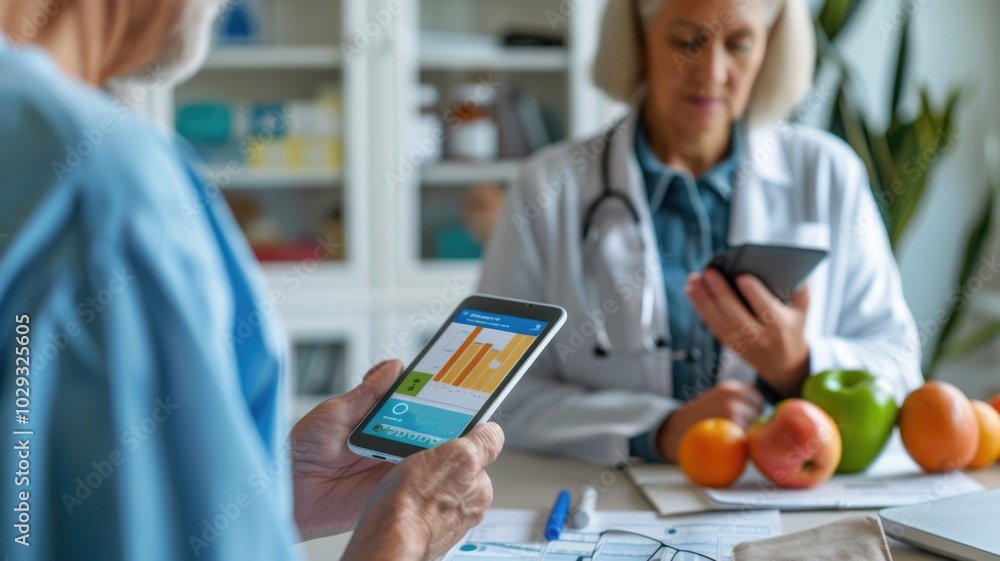 Fototapeta premium Doctor discussing health data visualization on tablet in medical office