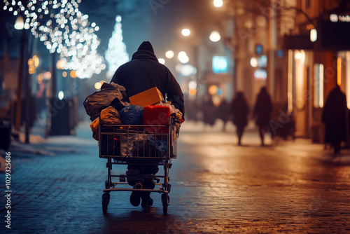 A homeless person pushing a shopping cart full of belongings through a deserted street in the early morning. photo