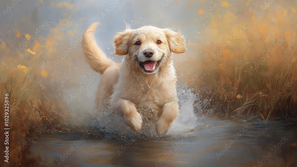 A joyful golden retriever splashes through water, embodying pure happiness A joyful golden retriever splashes through water, embodying pure happiness