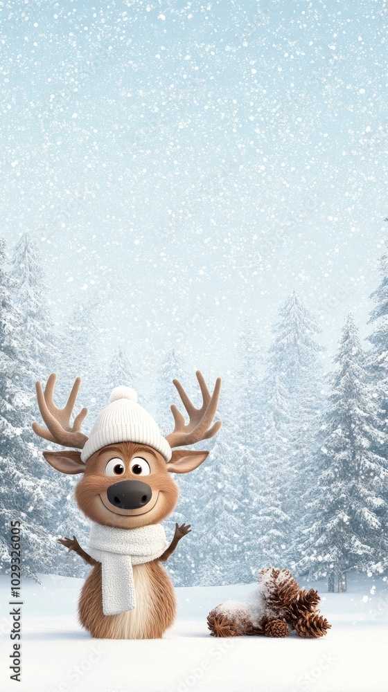 In a snowy forest, a cute baby deer with a fluffy tail wears a white hat and scarf, radiating joy under sparkling stars amid the serene trees In a snowy forest, a cute baby deer with a fluffy tail wears a white hat and scarf, radiating joy under sparkling stars amid the serene trees