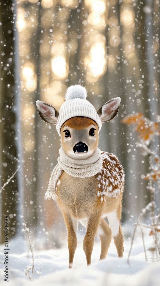 In a snowy forest, a cute baby deer with a fluffy tail wears a white hat and scarf, radiating joy under sparkling stars amid the serene trees