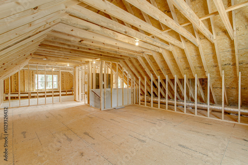 Unfinished Attic With Open Framing And Wooden Beams.