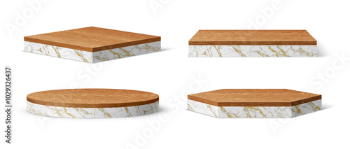 3d white marble podium stage with wooden floor plate. Vector geometric elegant white marbleized bases with stylish wood surfaces. Displays or platforms for showcasing products or branding presentation