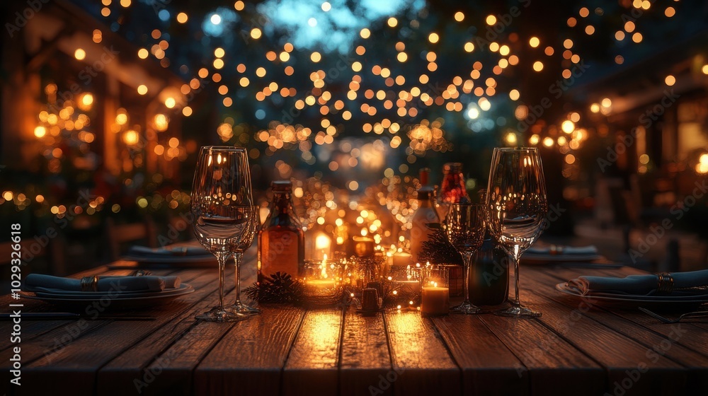 Obraz premium Elegant New Year Table Setting with Bokeh on a Wooden Table for Festive Celebrations