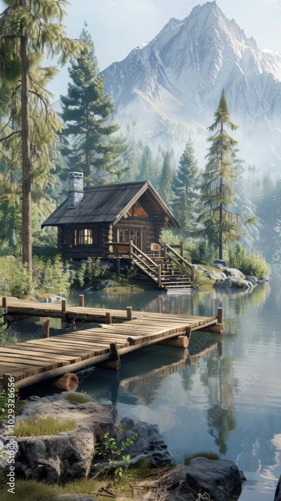 Obraz premium Serene lakeside cabin with a wooden dock, 4K hyperrealistic photo