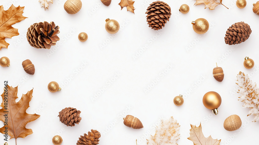 Obraz premium A simple and elegant holiday flat lay, showcasing golden pinecones, acorns, and intricate gold ornaments against a bright white background. The uncluttered composition and use of n