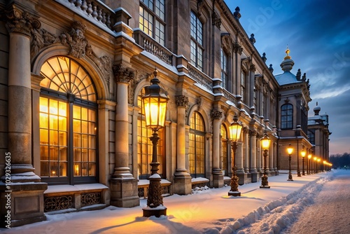 Enchanting Winter Evening with Illuminated Antique Lanterns at a Majestic Museum Facade