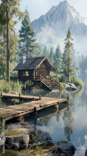 Serene lakeside cabin with a wooden dock, 4K hyperrealistic photo